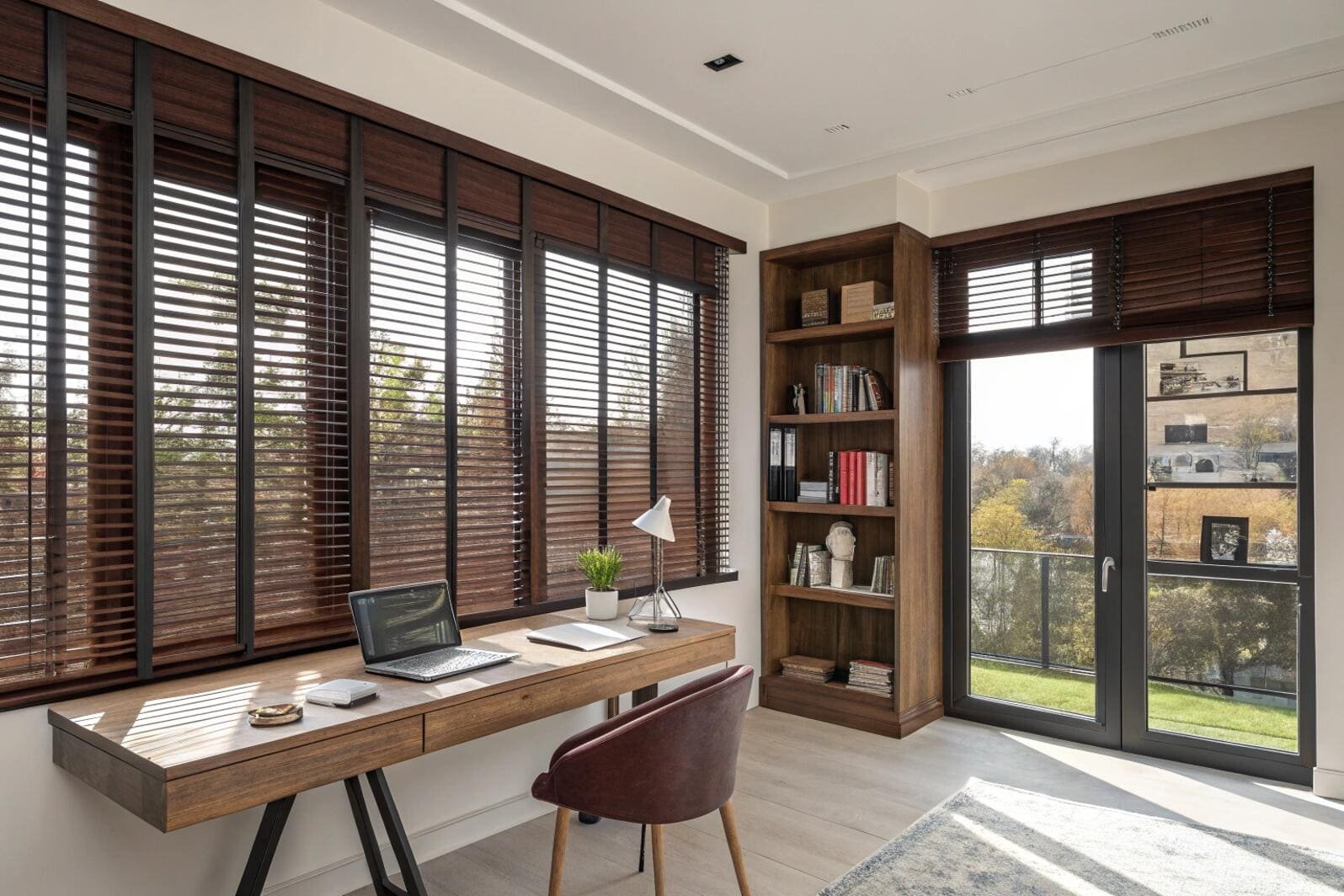 Dark wood Venetian blinds elevate home office workspace aesthetics