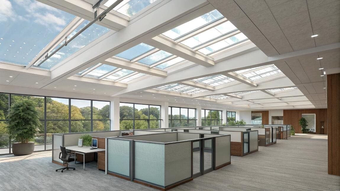 Open office workspace with cellular skylight blinds and natural light