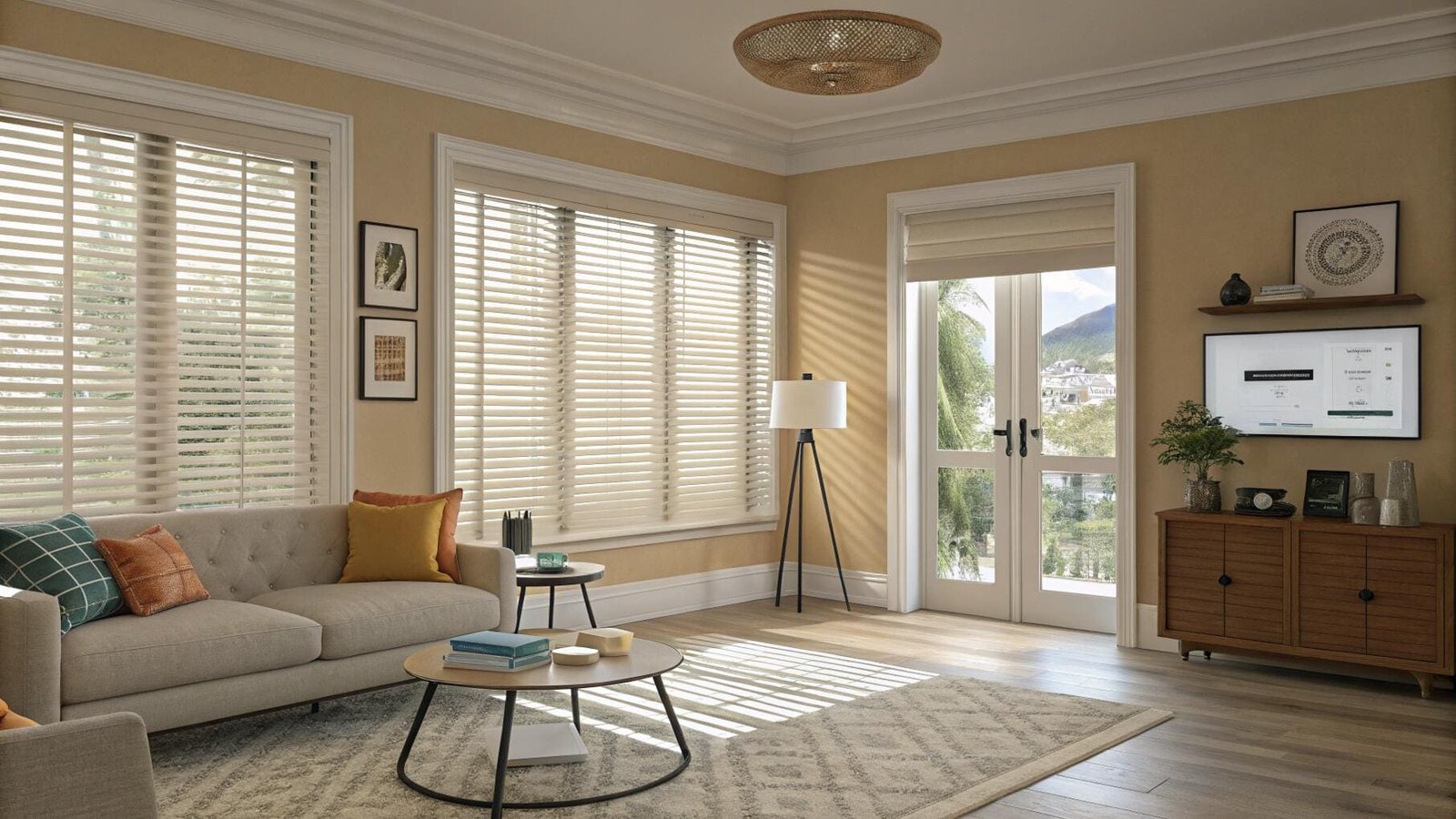 Spacious living area with natural wood blinds offering sun control