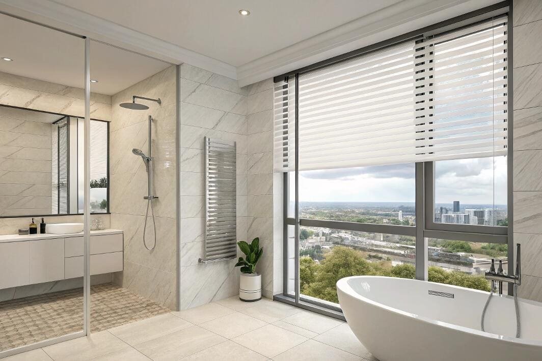 High-rise bathroom with contemporary dual layer window blinds and bathtub