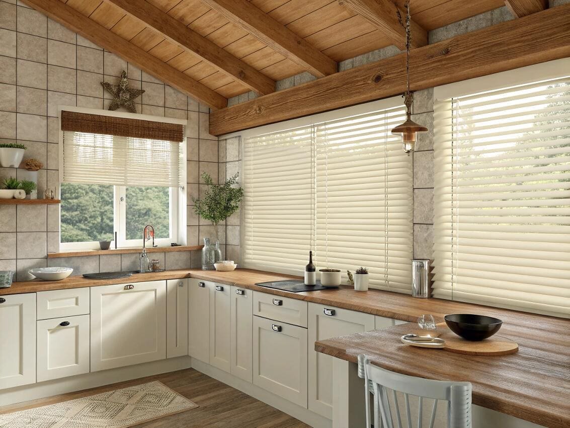 Rustic kitchen with cream horizontal blinds and exposed beams