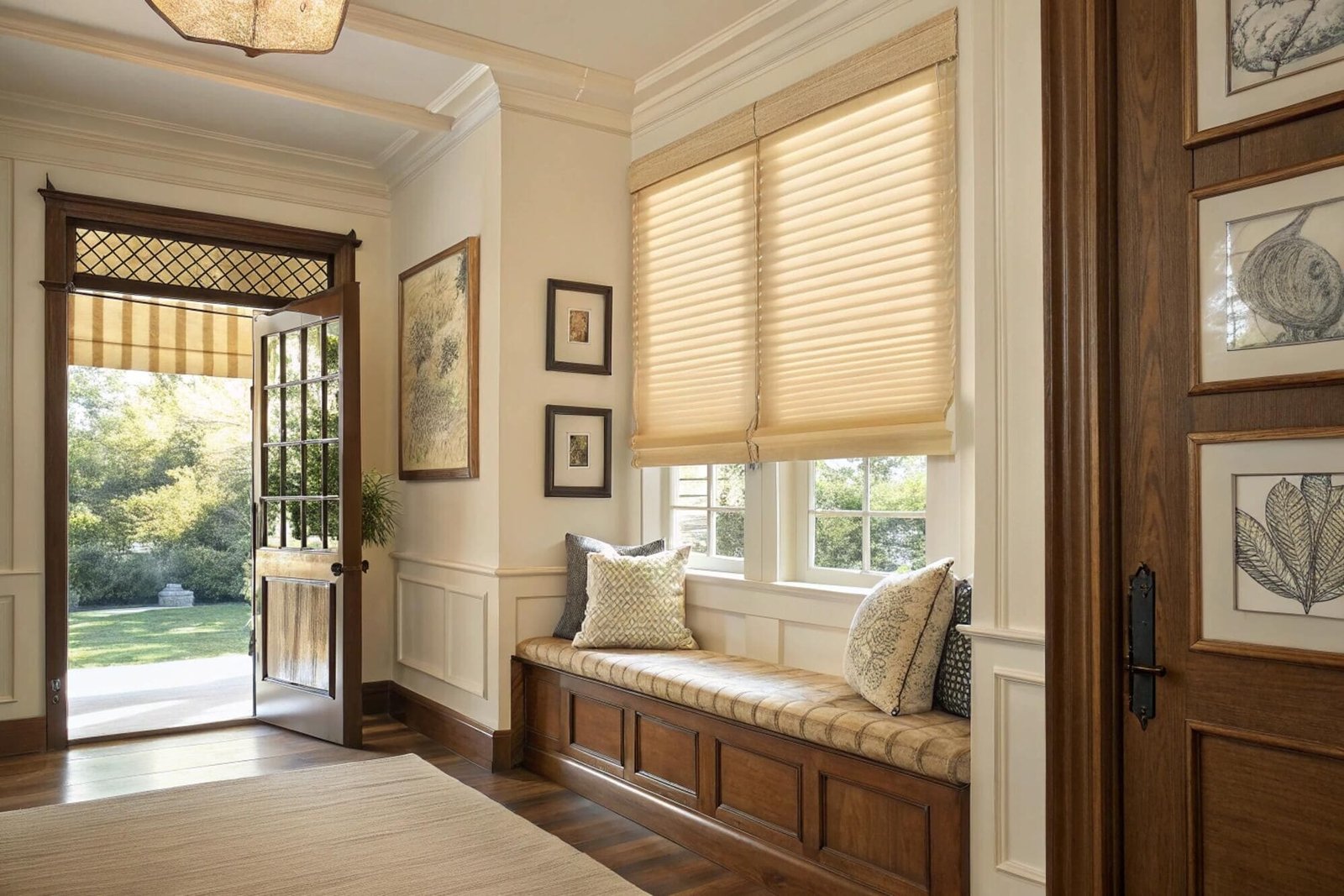 Entryway with a window seat featuring light beige pleated blinds