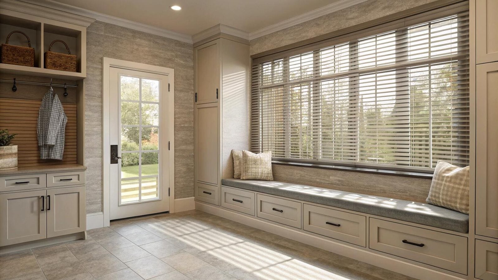 Mudroom with a window seat and dark horizontal blinds for privacy