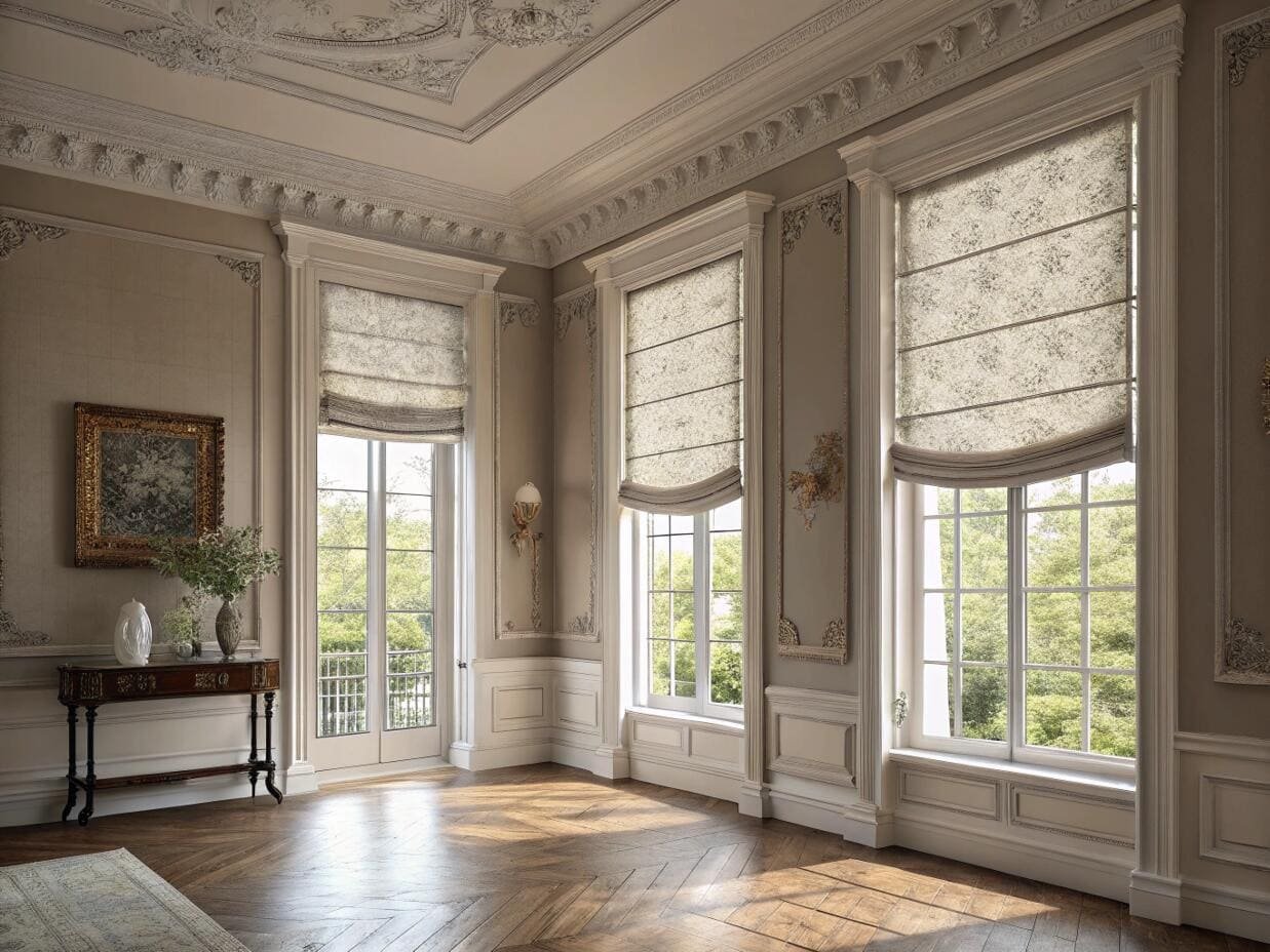Opulent room with decorative molding and patterned roman shades