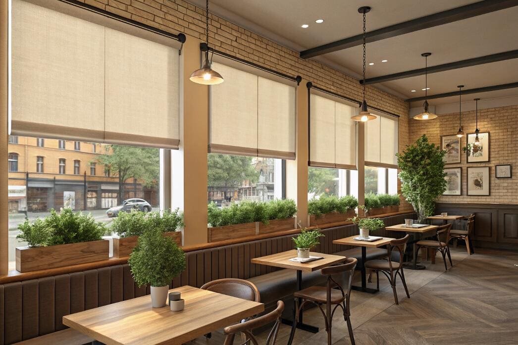 Restaurant dining area with brick walls and large roller shades