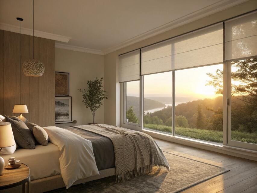Bedroom with panoramic views and large windows featuring light roller shades