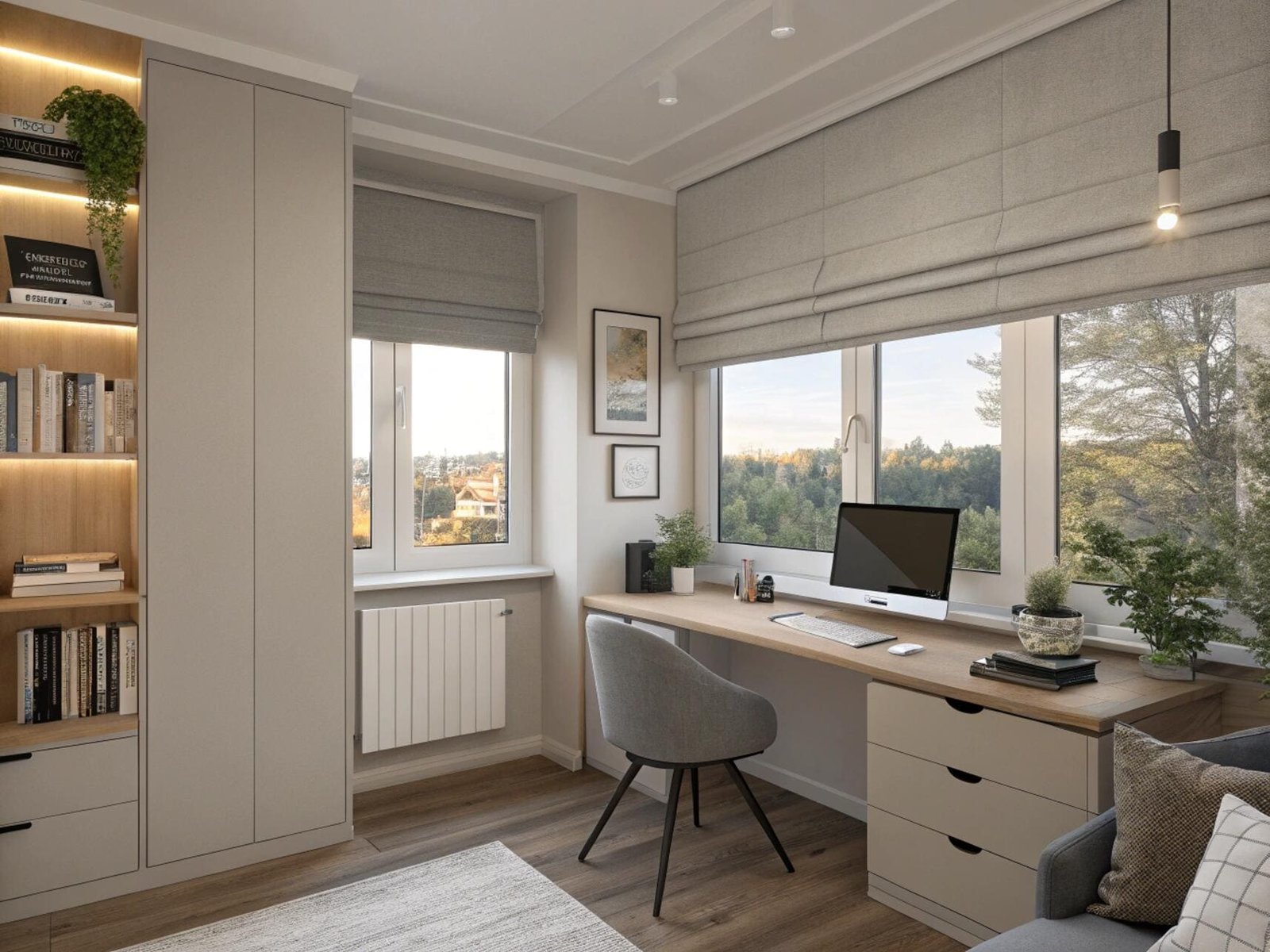 Cozy home office with dual windows and light-filtering roman shades