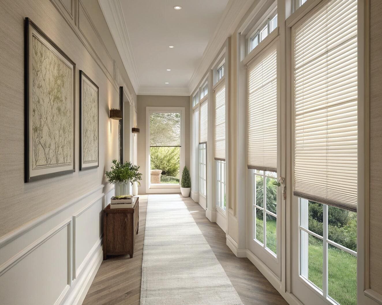Hallway with French doors and light cellular privacy blinds