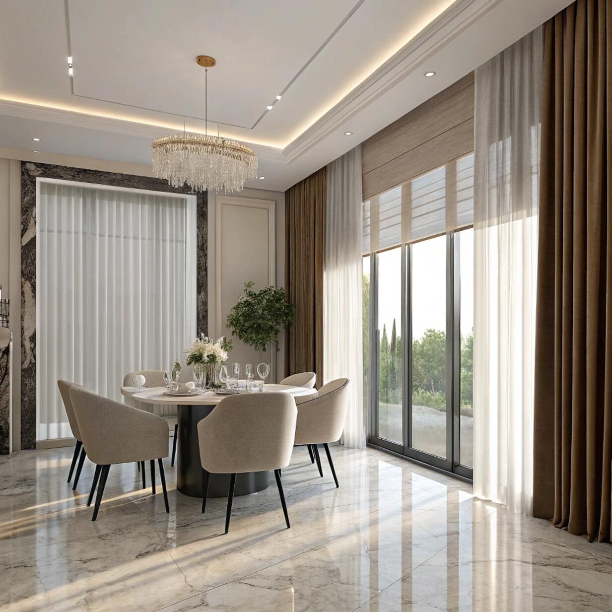 Luxury dining room with layered window coverings
