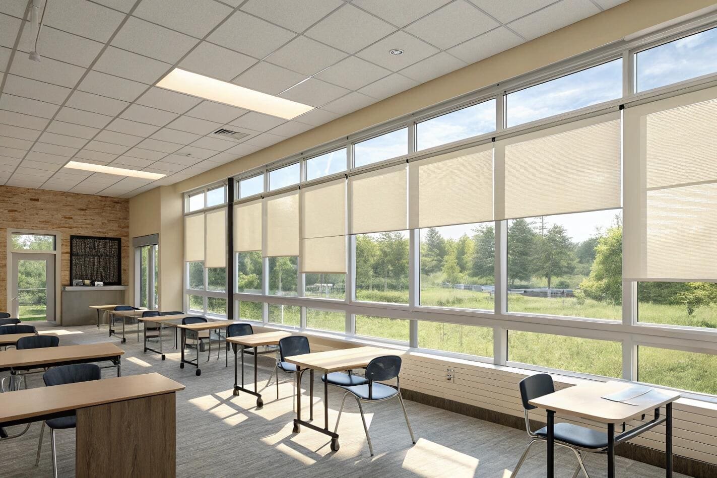 Bright classroom with large windows and light-filtering cellular shades