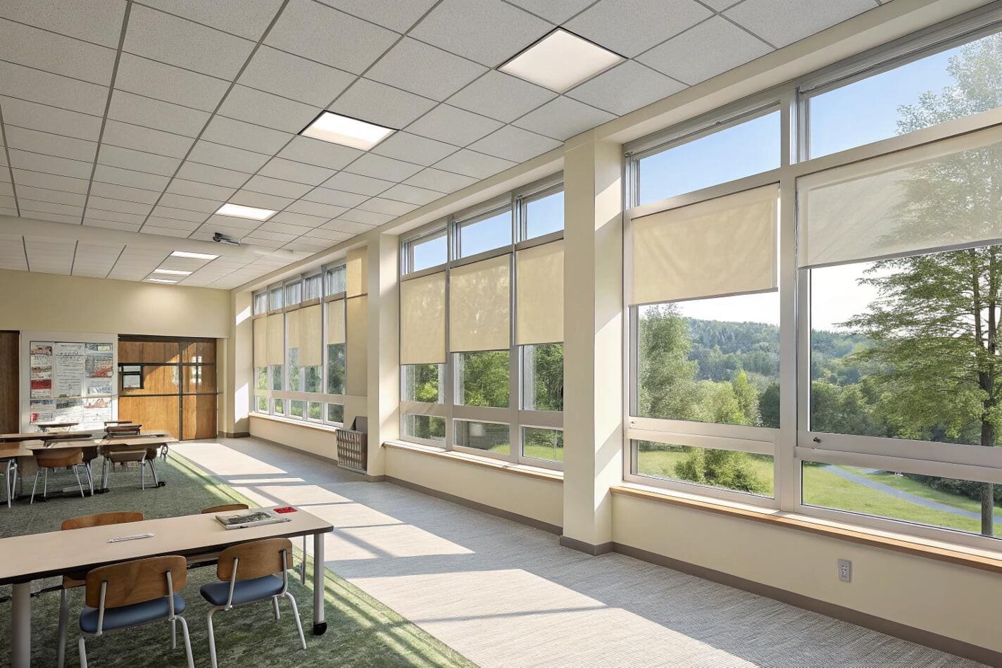 Bright classroom with large windows and light-filtering roller shades