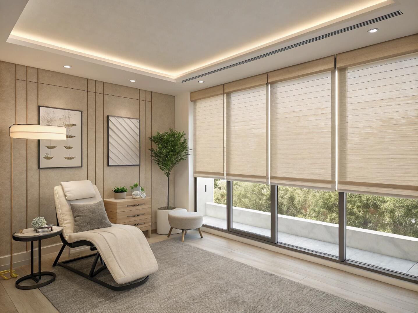 Lounge room with cellular shades and outdoor views