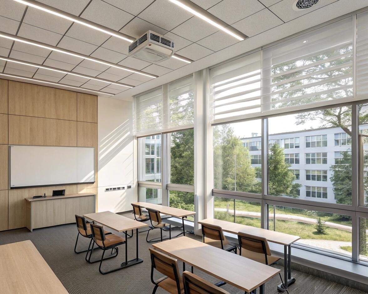 Modern classroom with large windows and light-filtering zebra blinds