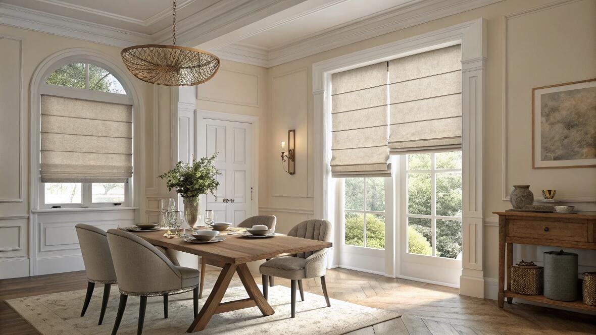 Elegant dining room adorned with custom Roman blinds, enhancing the classic decor.