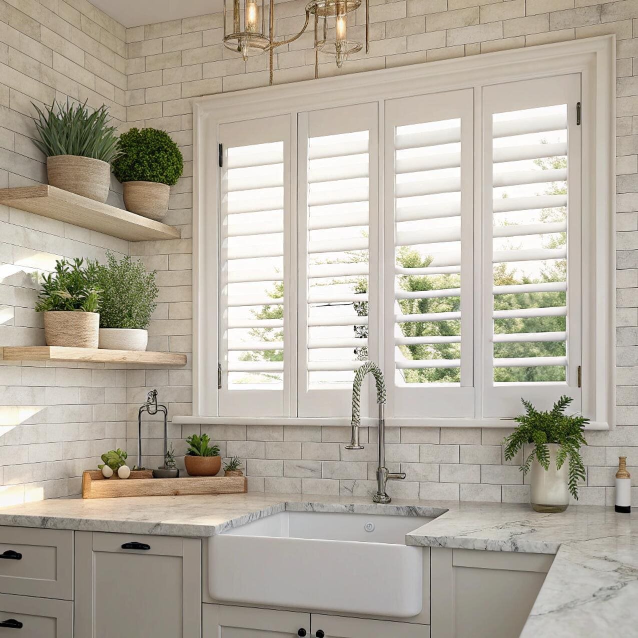 Bright farmhouse kitchen with classic white plantation shutters