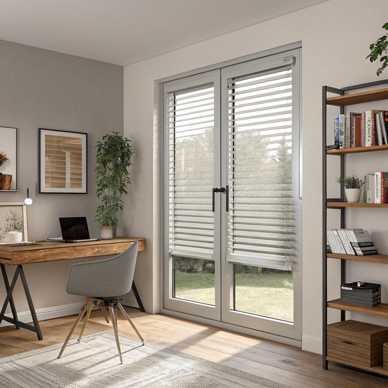 Scandinavian home office with white venetian blinds on door