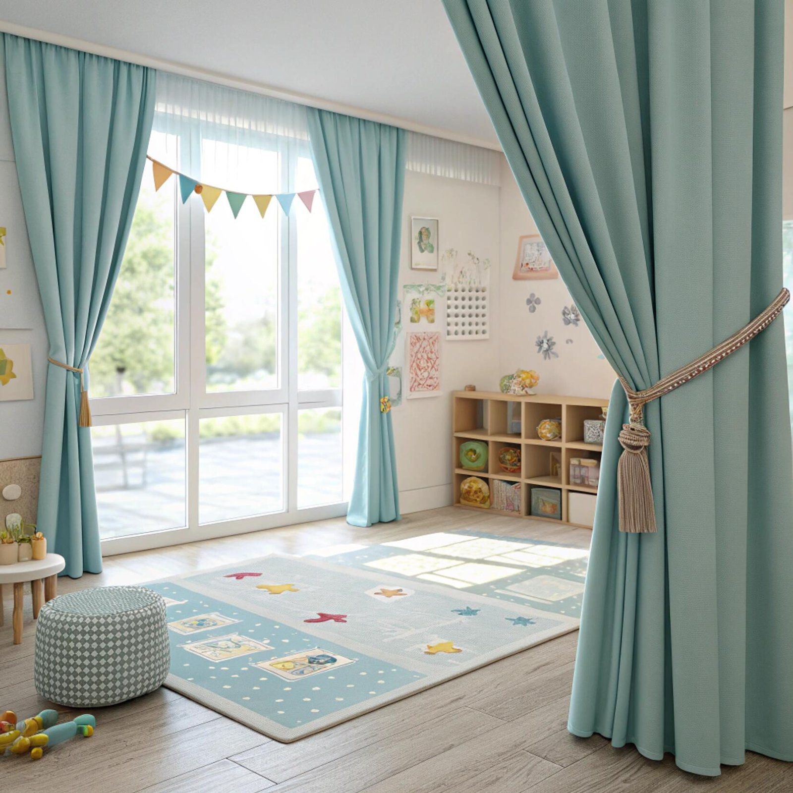 Children’s playroom with light blue curtains and play mat