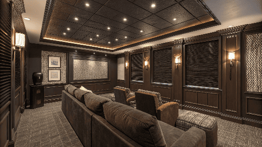 Luxury home theater with blackout blinds and dark decor