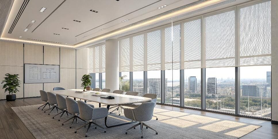 Boardroom with floor-to-ceiling solar roller shades
