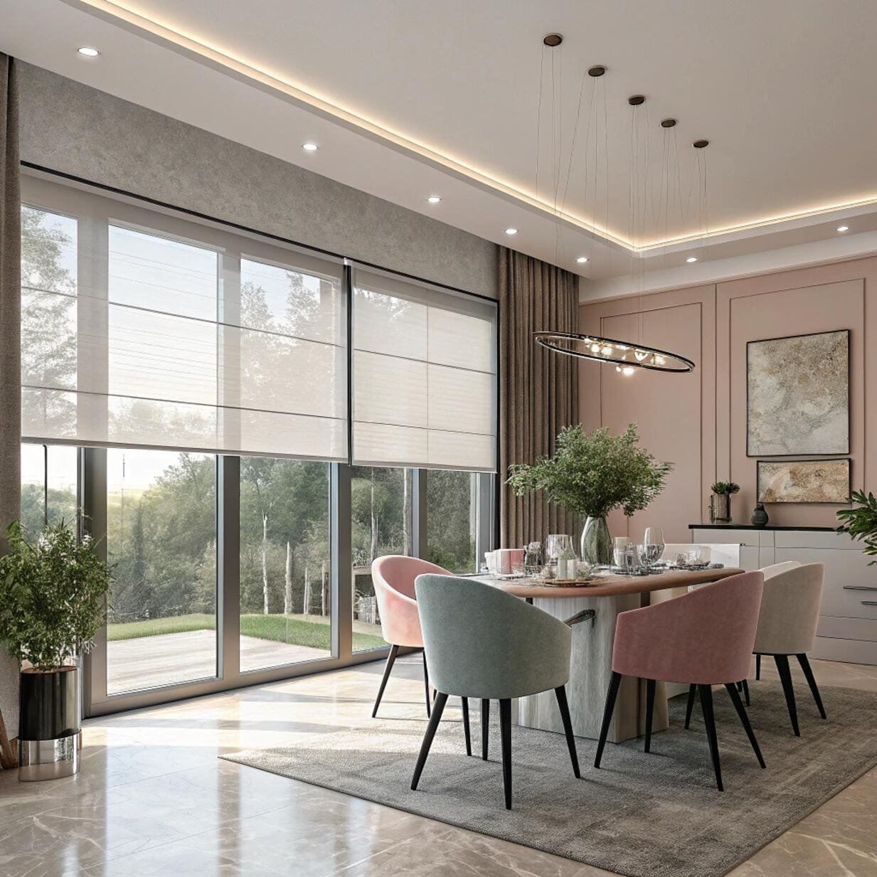 Upscale dining room with white pleated roller blinds