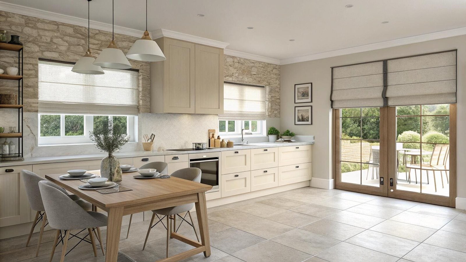 Bright kitchen with neutral roman blinds
