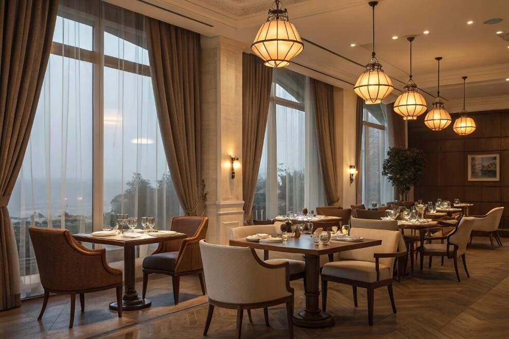Elegant restaurant with floor-to-ceiling sheer curtains