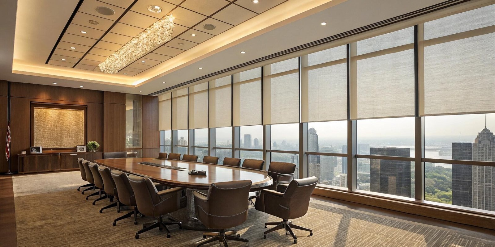 Executive boardroom with sheer roller shades and city skyline