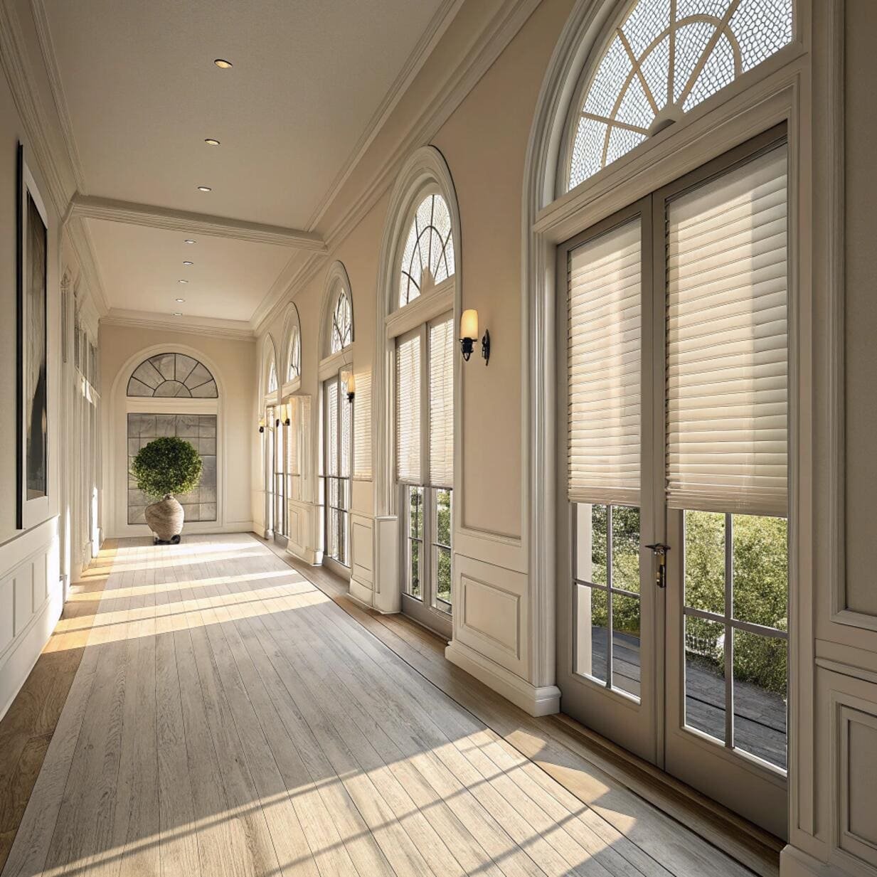 Classic hallway with arched windows and blinds