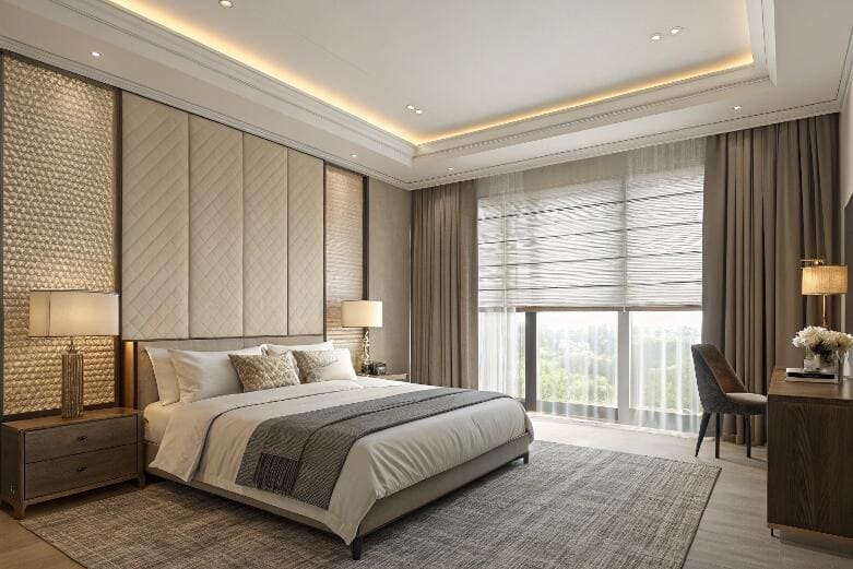 Luxury bedroom with sheer roman blinds and blackout drapes