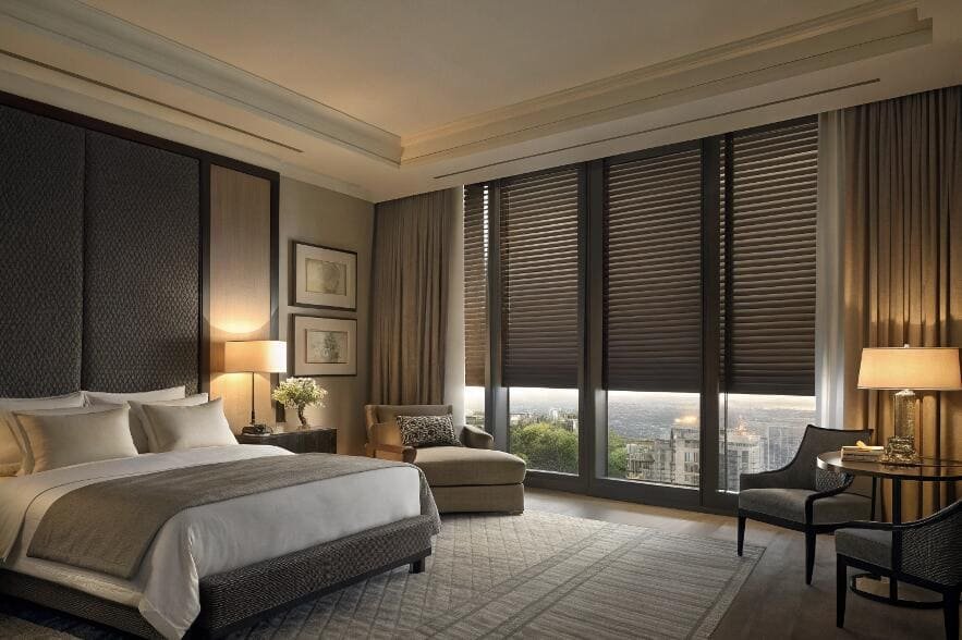 Luxury master bedroom with dark venetian blinds