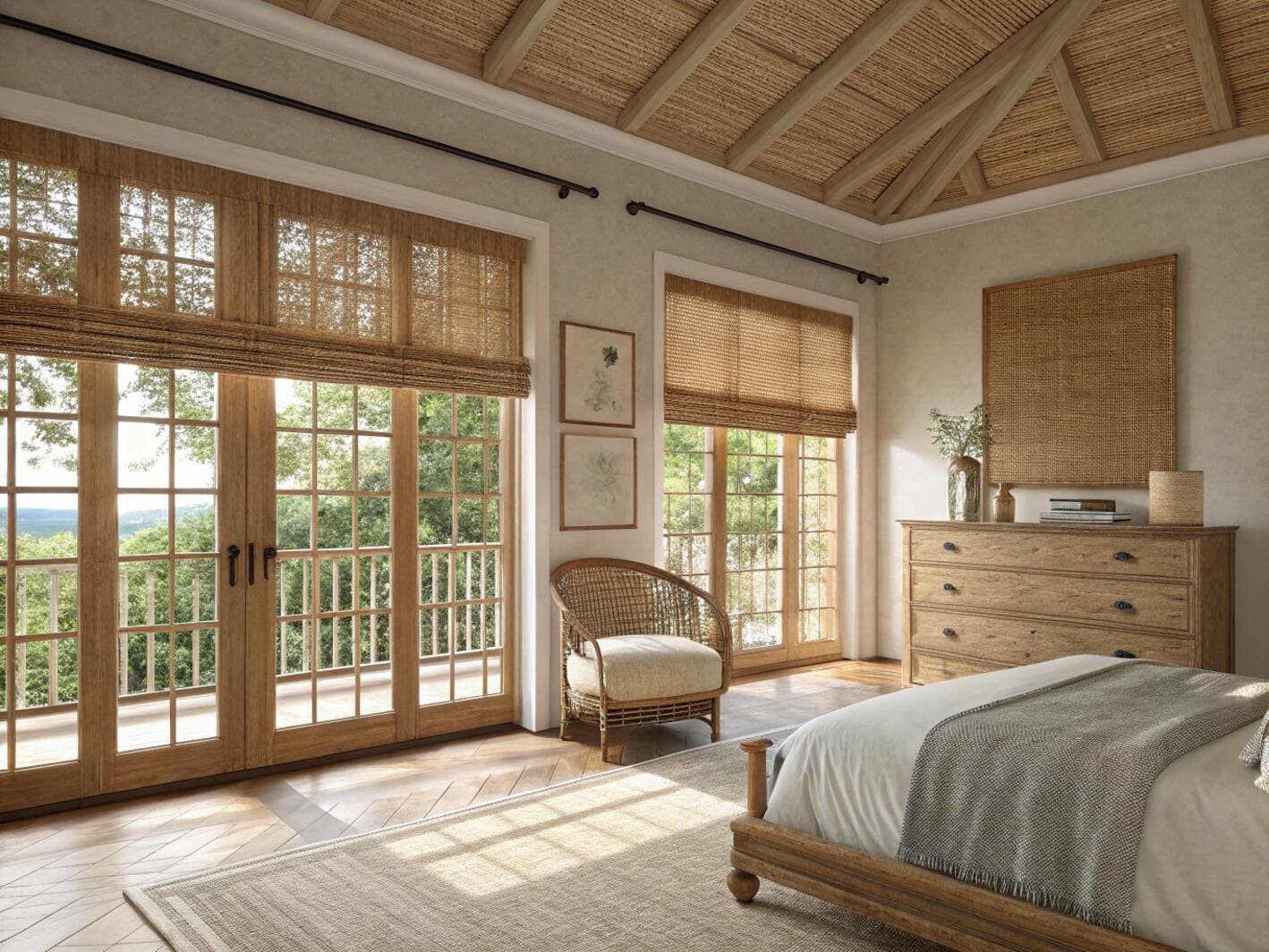 Bedroom with woven natural shades filters balcony sunlight