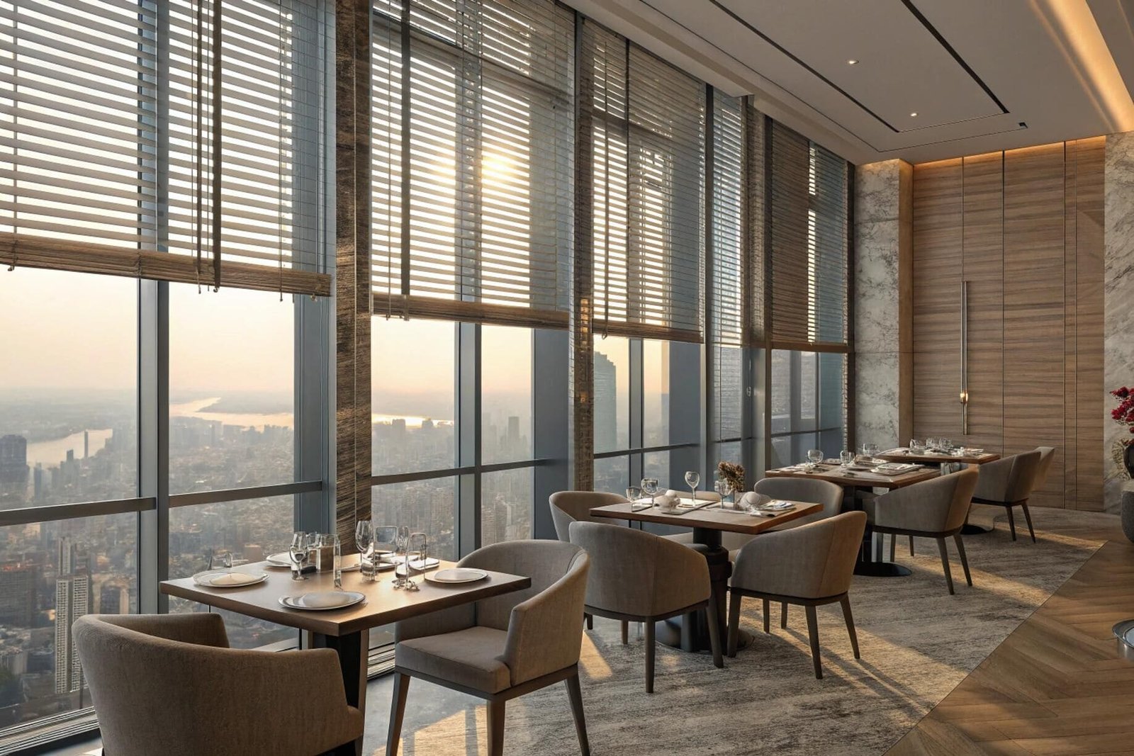 Classic dining restaurant with city view Venetian blinds