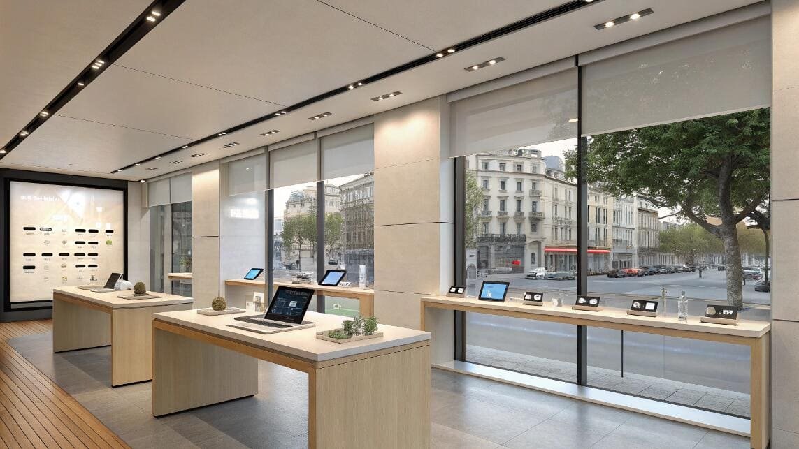 Electronics showroom utilizes modern roller blinds for clear product display