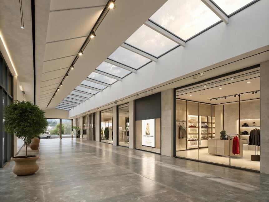 Shopping mall corridor with glass ceiling diffusing daylight