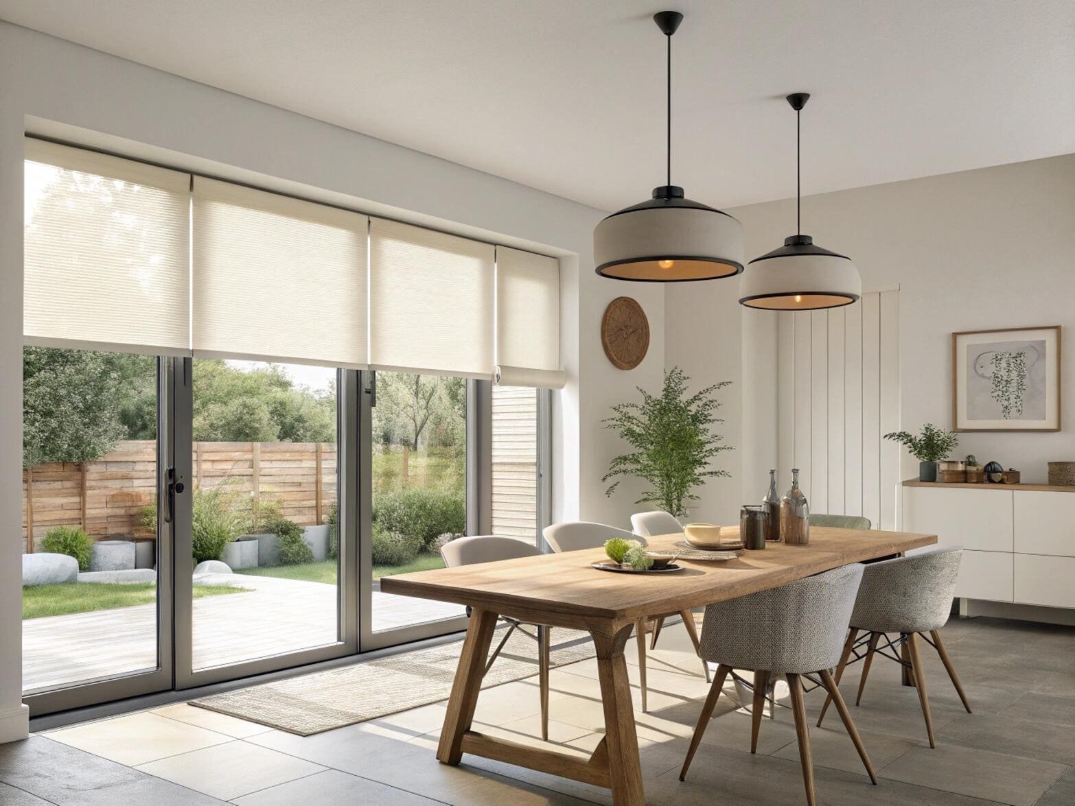 Dining room with large glass doors featuring sleek roller shades