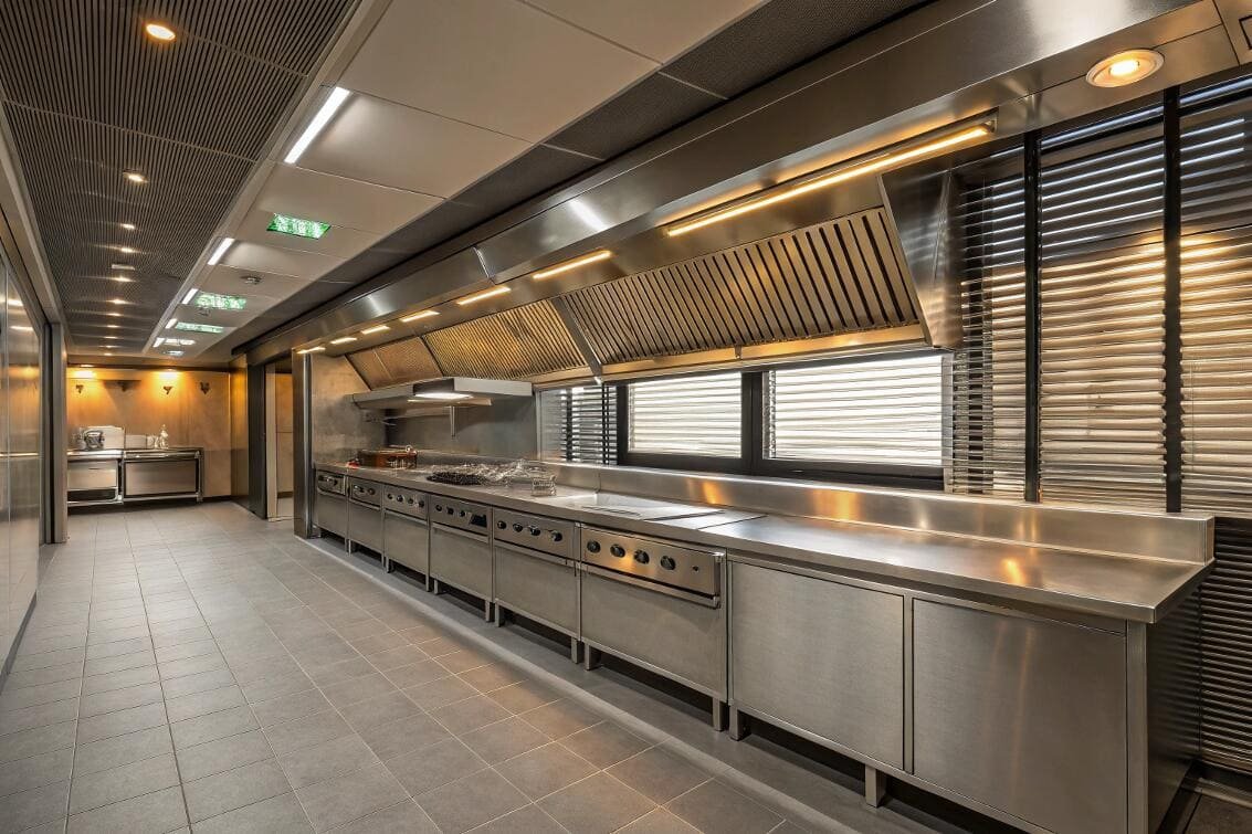 Industrial kitchen space with dark horizontal blinds for privacy