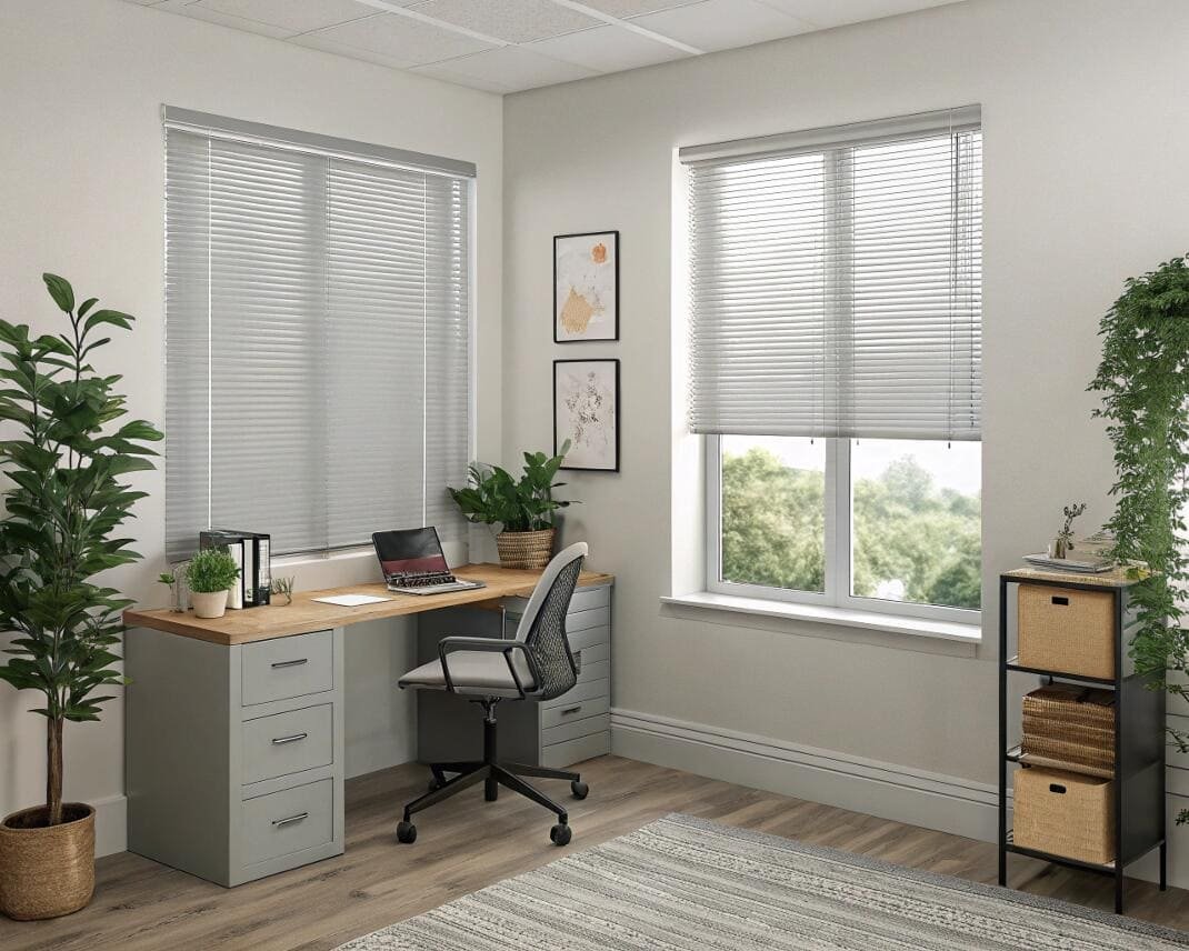Compact home office with grey horizontal blinds and simple decor