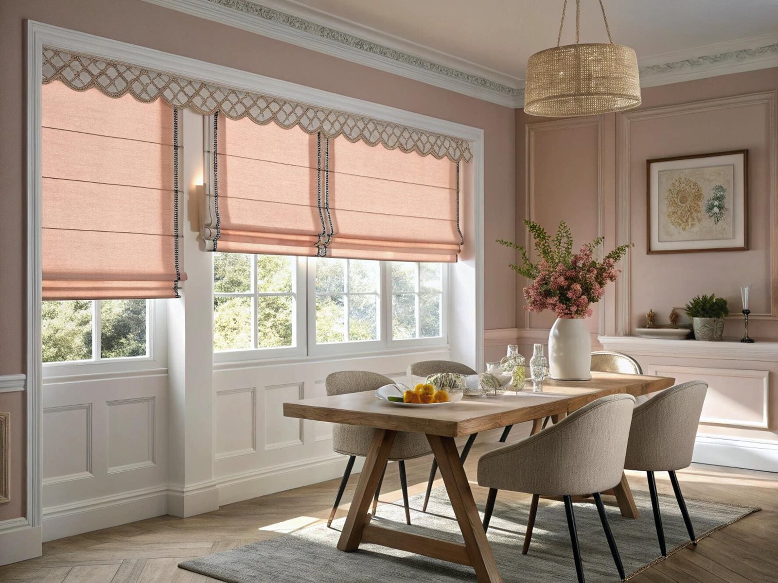 Dining room with decorative pink scalloped roman shades and elegant decor