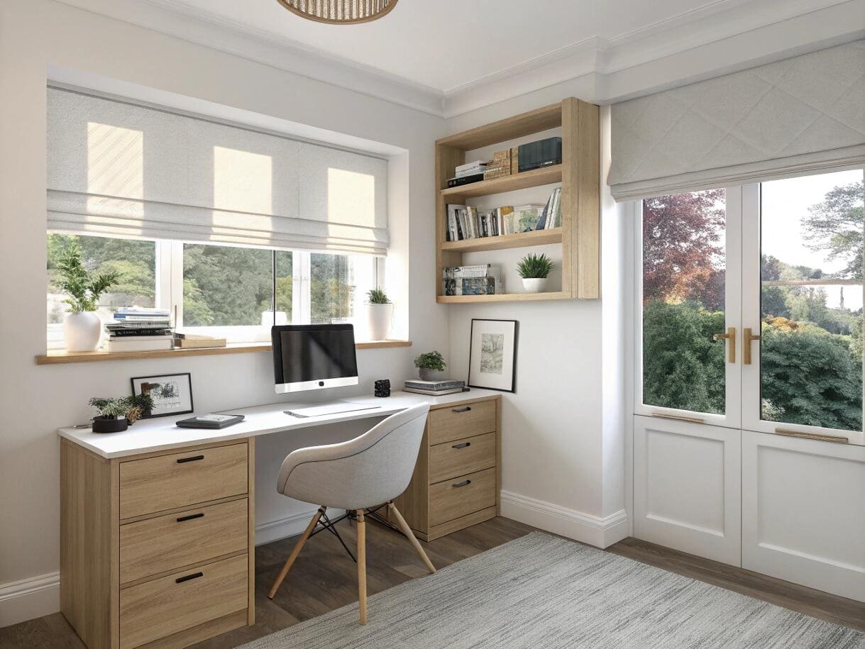 Home office with white roman shades and a modern wooden desk