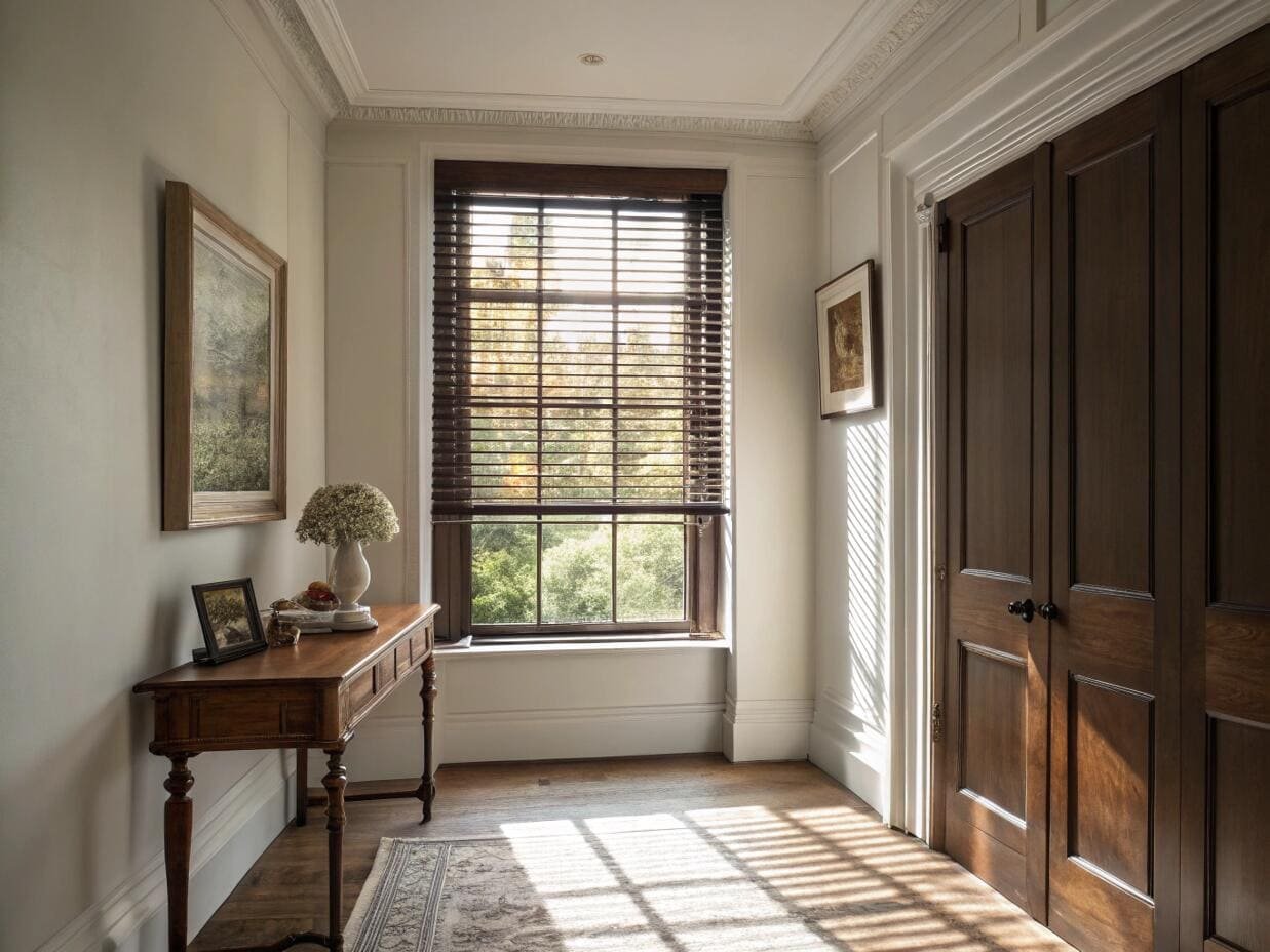 Bright hallway with dark wood horizontal blinds and a console table