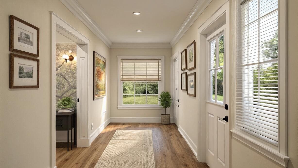 Bright hallway with horizontal blinds on an entry door and window