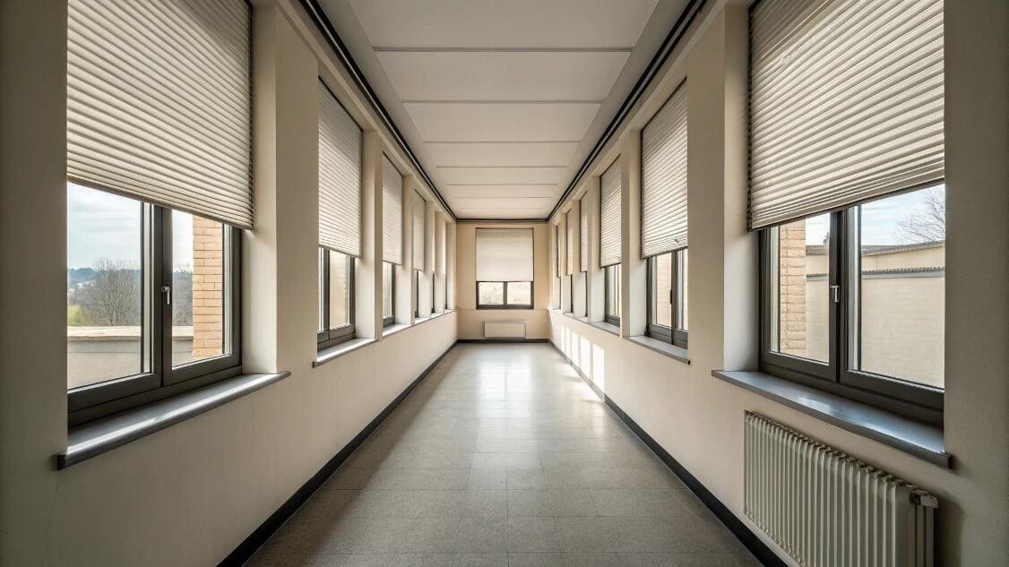 Long institutional hallway with multiple windows and light cellular blinds