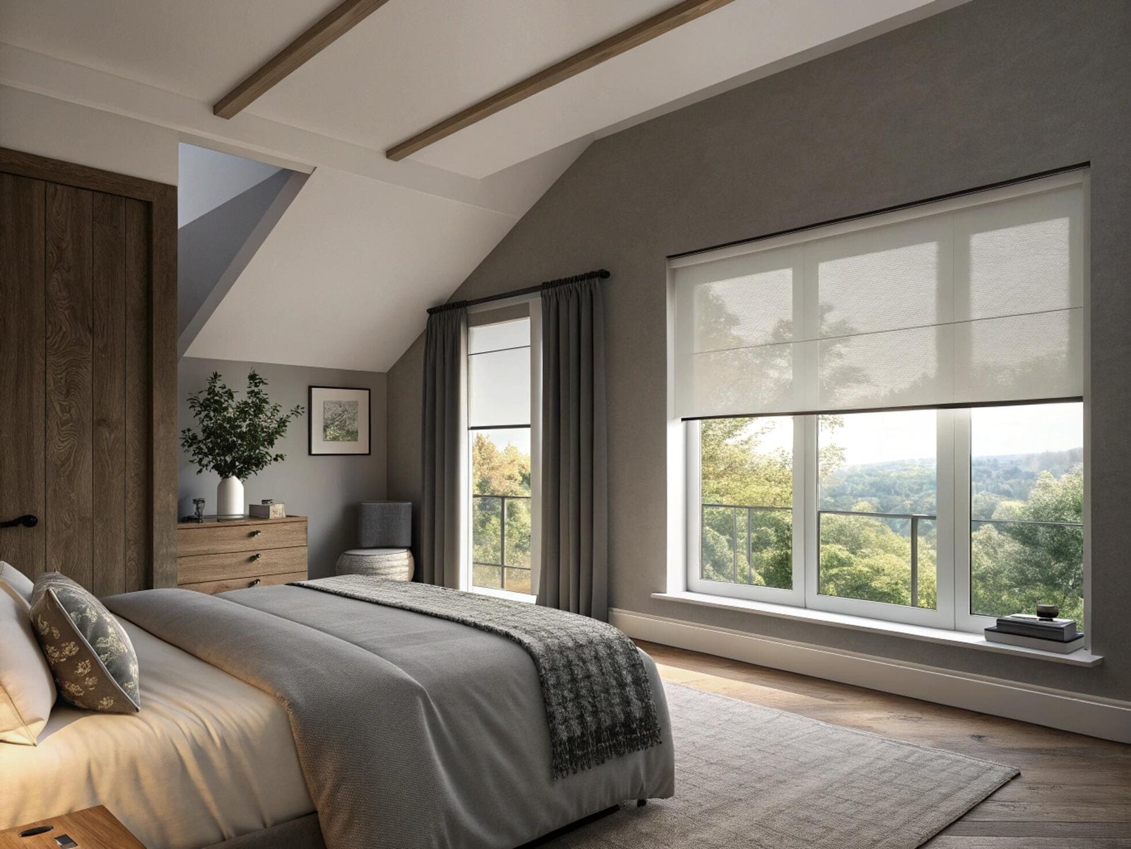Attic bedroom with two windows and roller shades for privacy