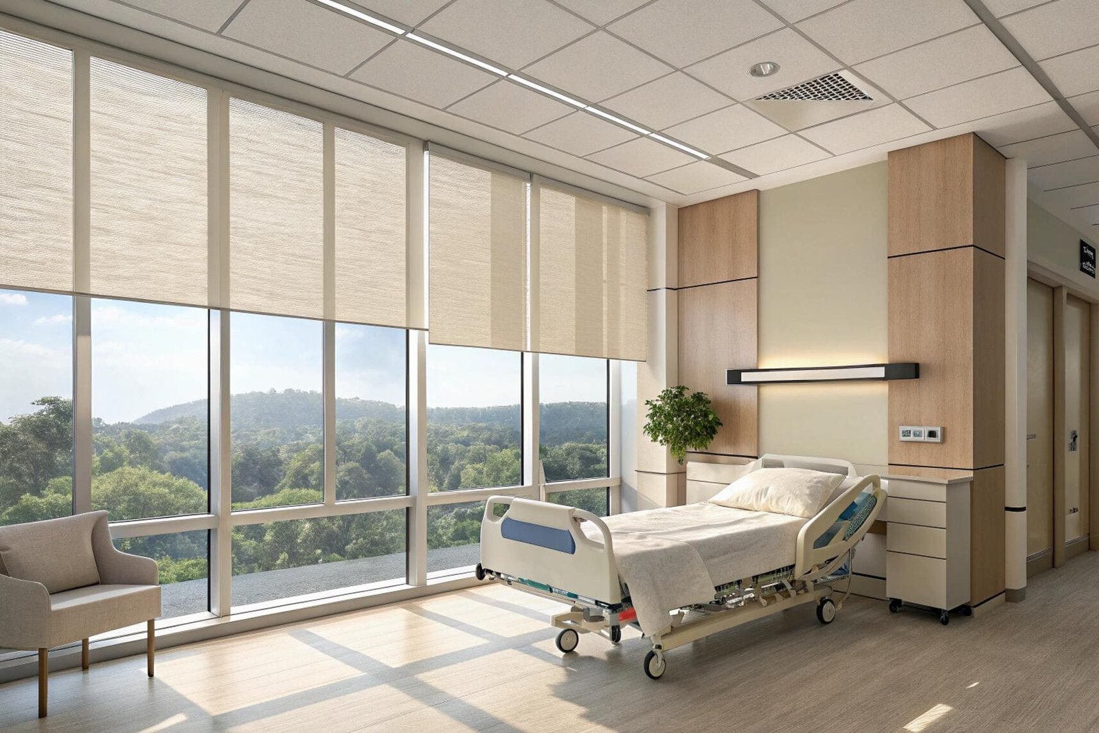 Hospital patient room with large windows and light-filtering roller shades