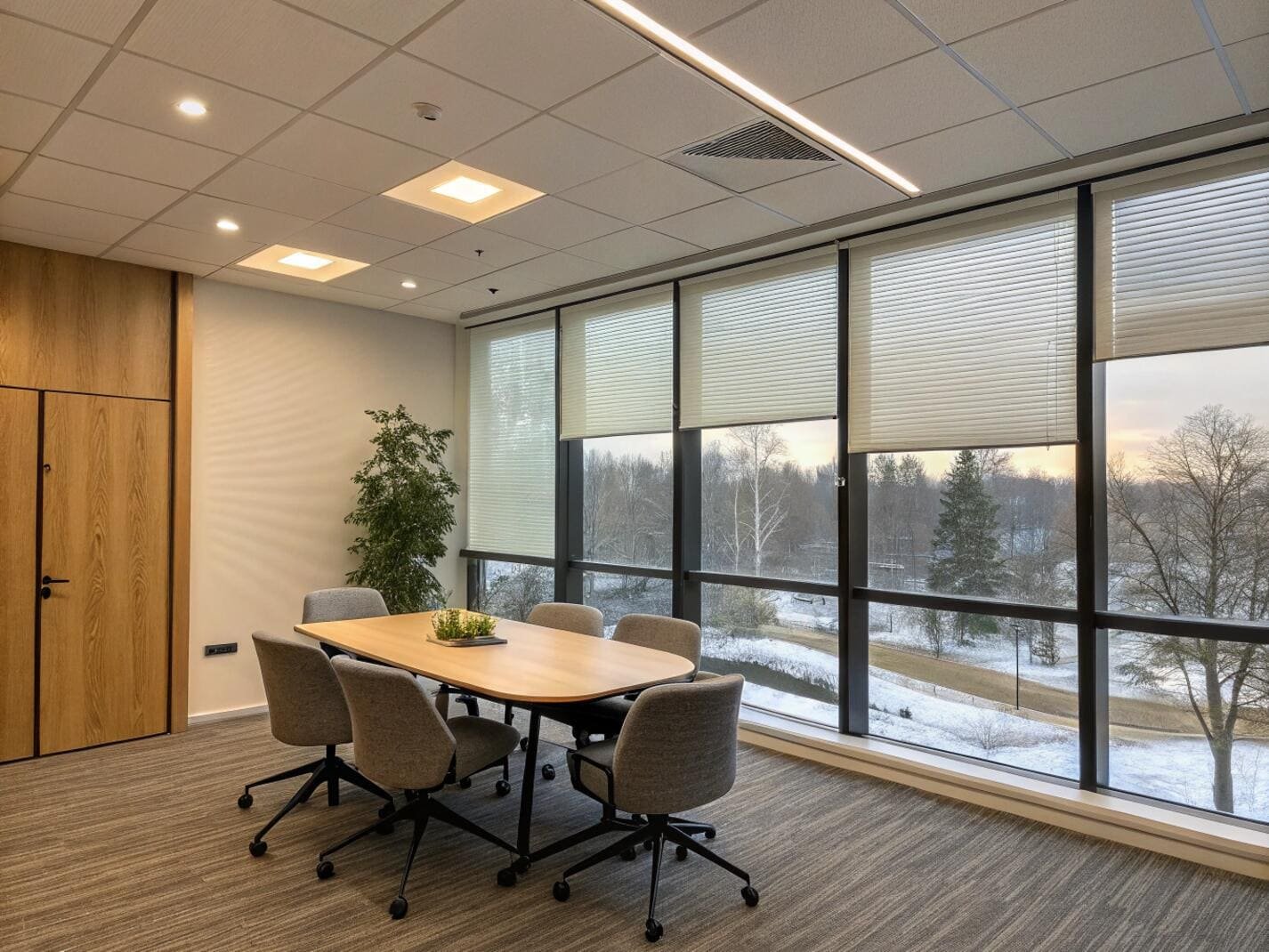 Meeting room with large windows overlooking a snowy landscape and cellular shades