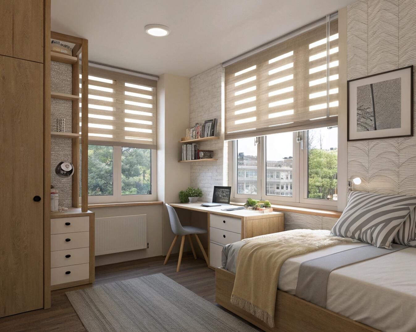 Bedroom with desk and light-filtering zebra blinds