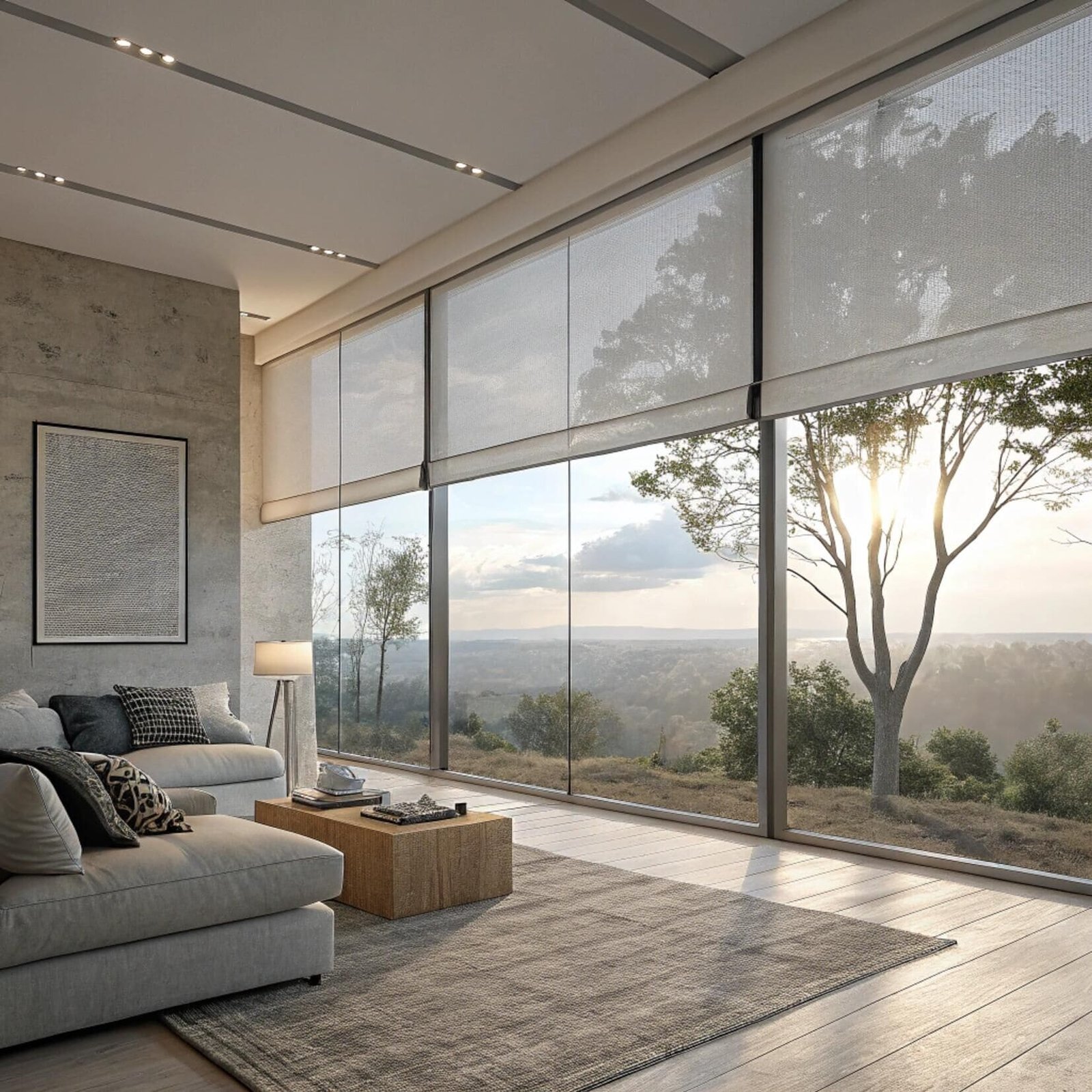 Chic living space with wide motorized solar roller blinds