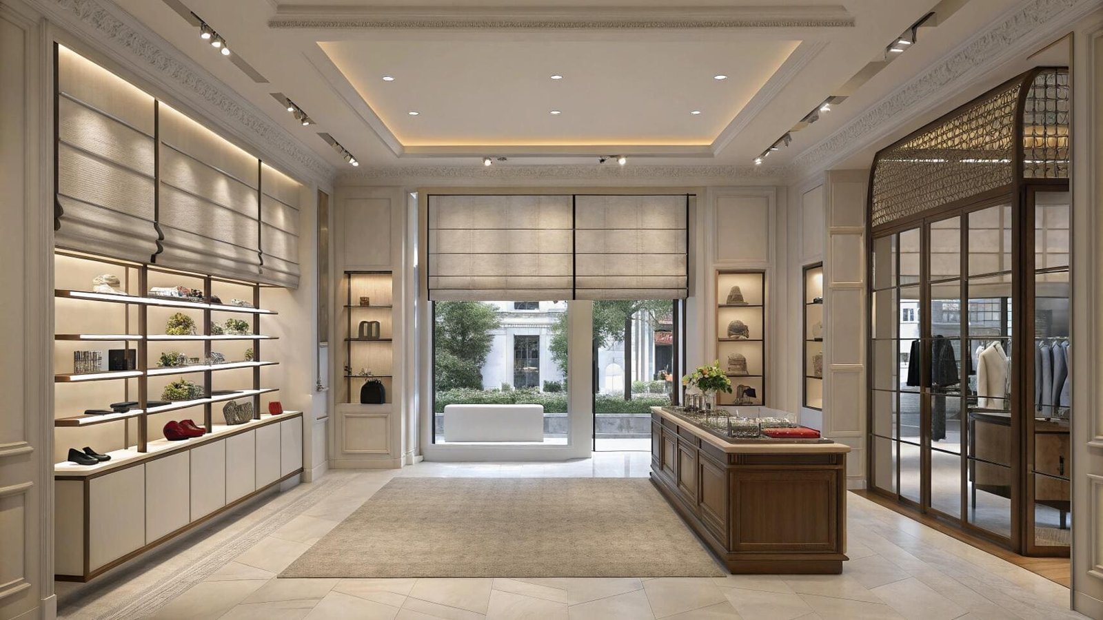 High-end boutique with taupe roman blinds