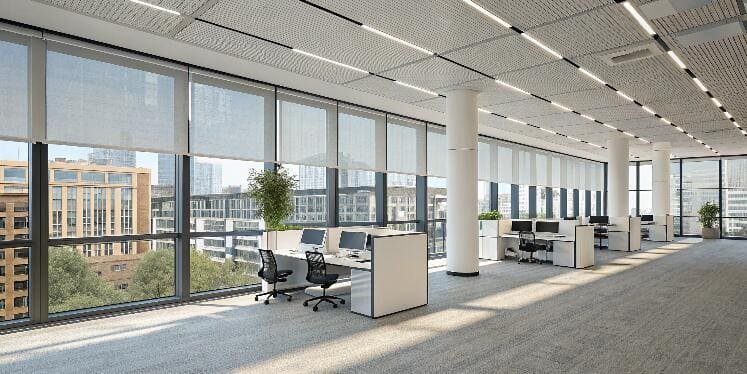 Open-plan office with solar screen roller blinds