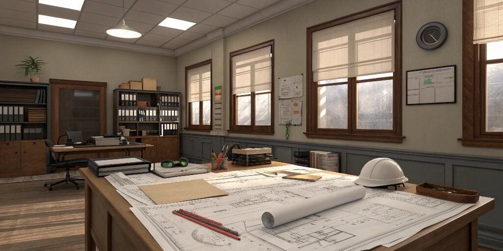 Architectural office with sheer roller blinds and plan drawings
